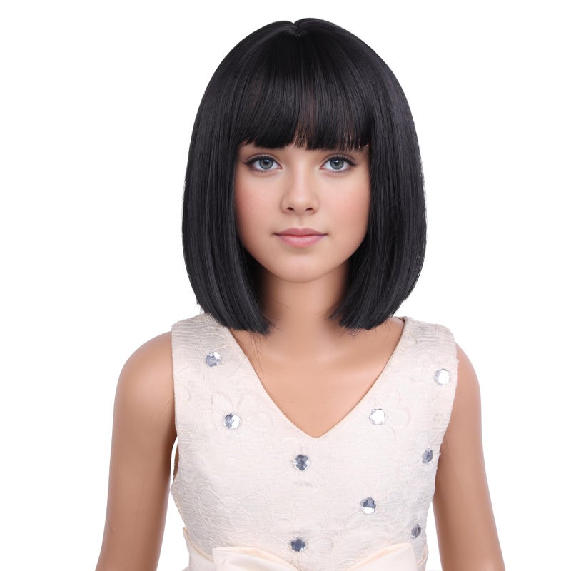 PATTNIUM Kids Black Wig Child Black bob Wig Short Black Wig for Girls Cosplay Party Synthetic Rose Net Daily Wear Wig (Black) - Image 1